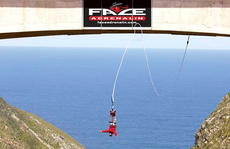 Bungy jumper suspended on the cord below the Face Adrenalin platform, with the gorge opening to the sea beyond