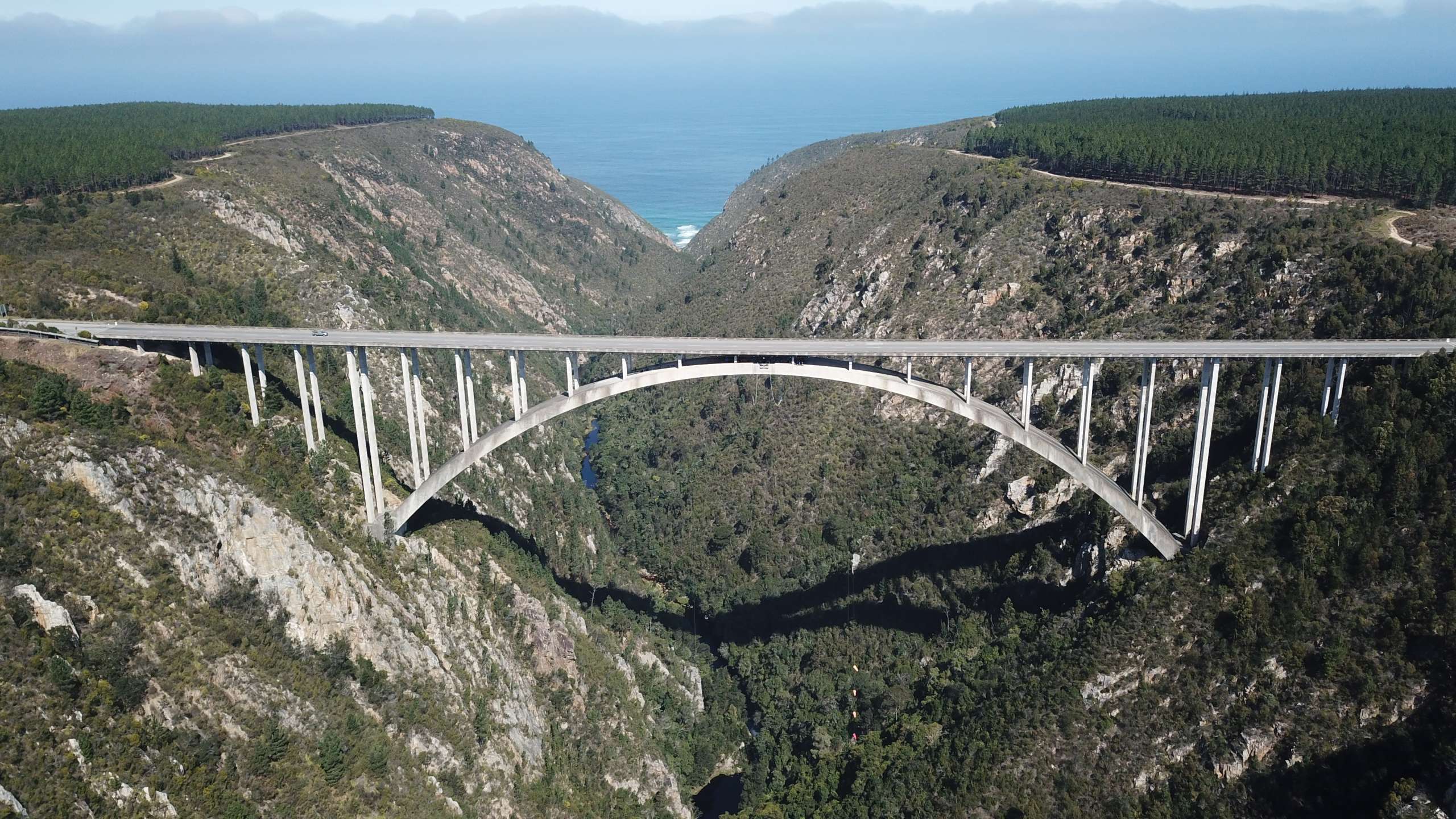 Aerial view of Bloukrans Bridge and its concrete arch spanning the gorge in Tsitsikamma
